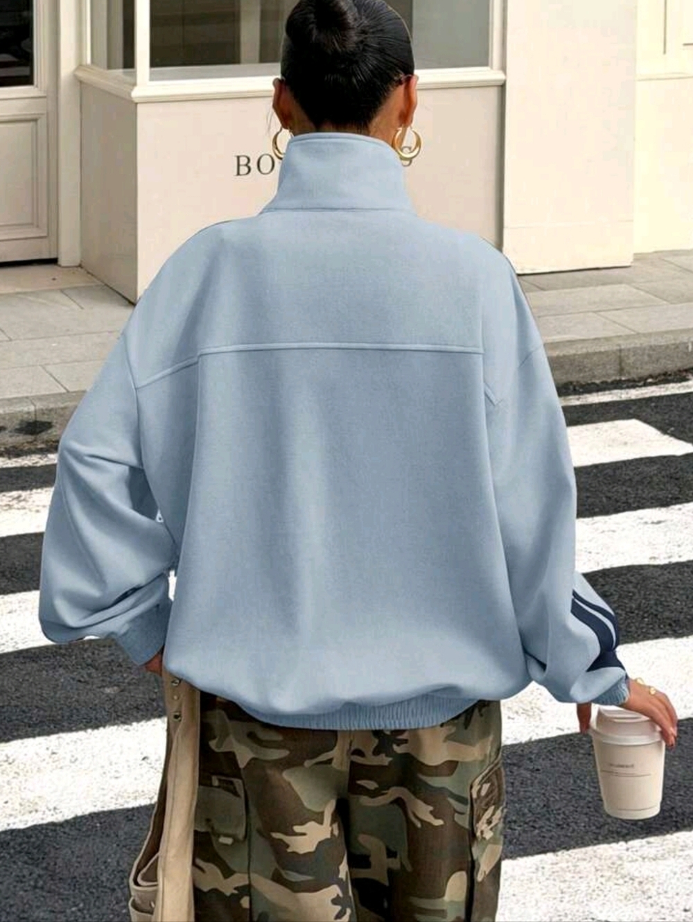 Light Blue Track-Style Zip Jacket with Navy Accents - Picture 2 of 6